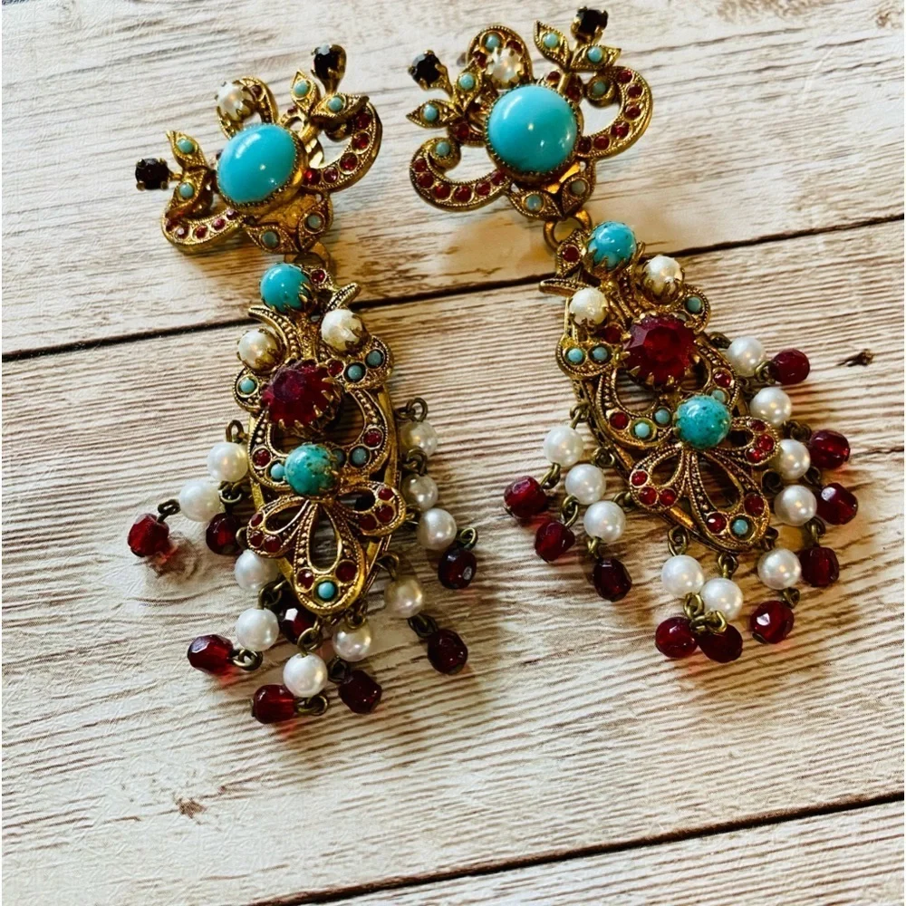 Vintage Fiorenza  style turquoise pearl and garnet bohemian dangling earrings 3”